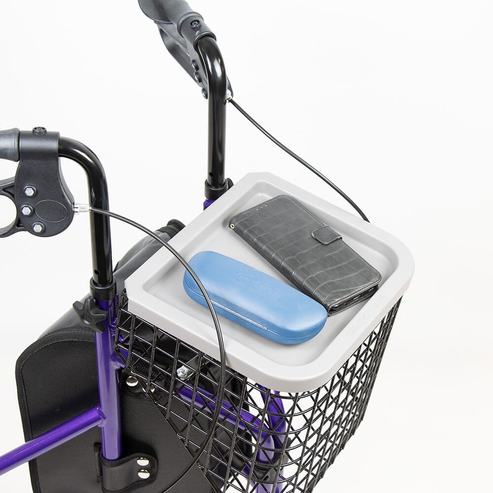 Side view of NRS 3 Wheel Aluminium Rollator with Basket Tray three-wheel rollator, highlighting the triangular frame and rear wheels.