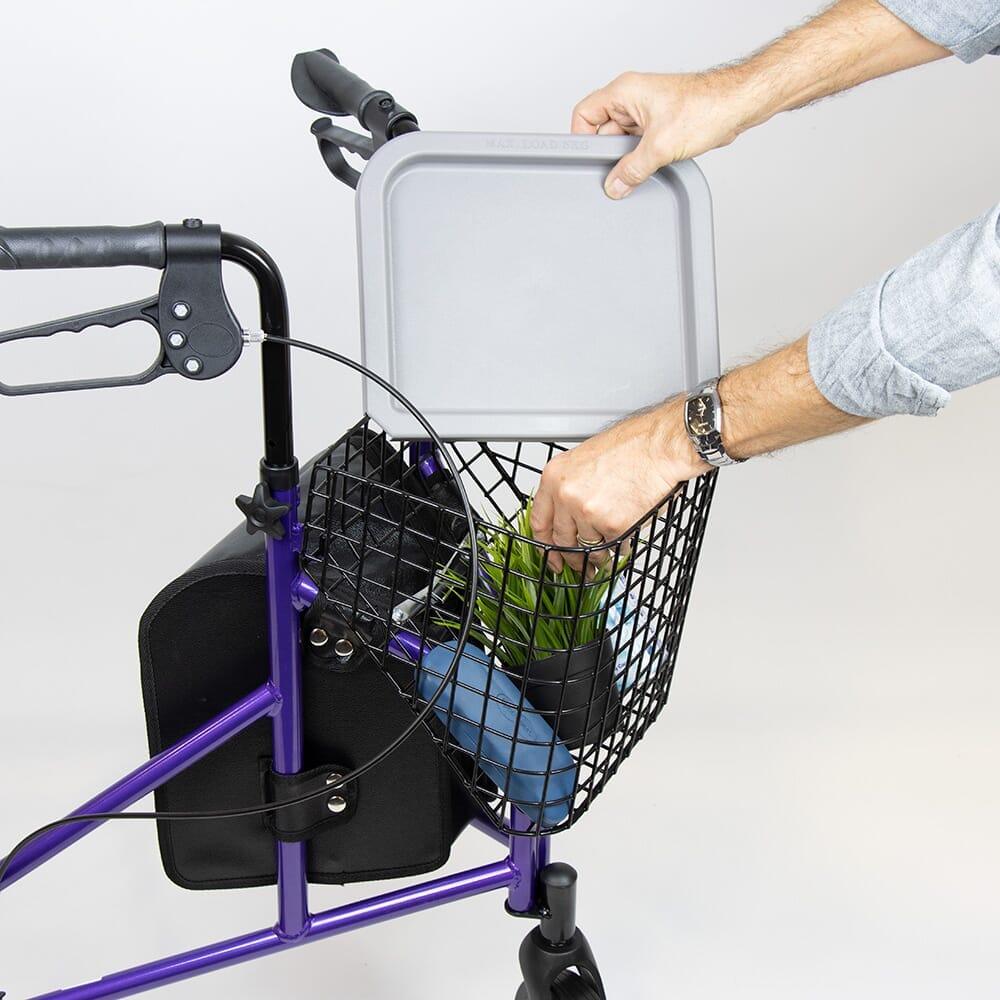 NRS 3 Wheel Aluminium Rollator with Basket Tray three-wheel rollator folded for storage, showing its compact design.