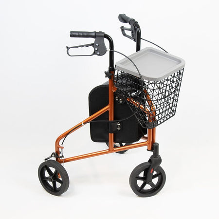 Angled view of NRS 3 Wheel Aluminium Rollator with Basket Tray three-wheel rollator with basket or bag on a plain background.