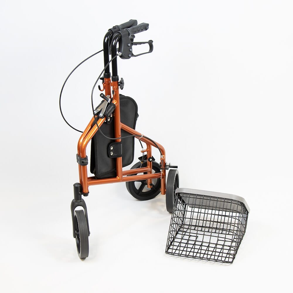 Front view of NRS 3 Wheel Aluminium Rollator with Basket Tray three-wheel rollator showing handlebars, brake cables and single front wheel.