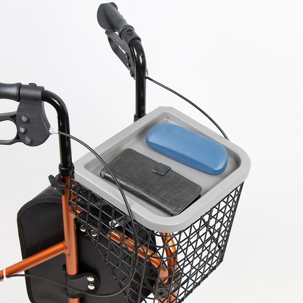 Side view of NRS 3 Wheel Aluminium Rollator with Basket Tray three-wheel rollator, highlighting the triangular frame and rear wheels.