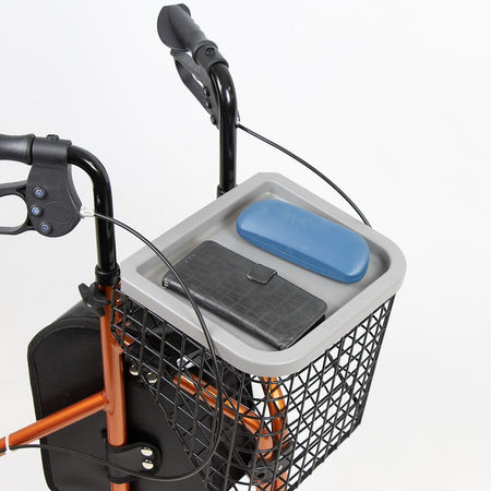 Side view of NRS 3 Wheel Aluminium Rollator with Basket Tray three-wheel rollator, highlighting the triangular frame and rear wheels.