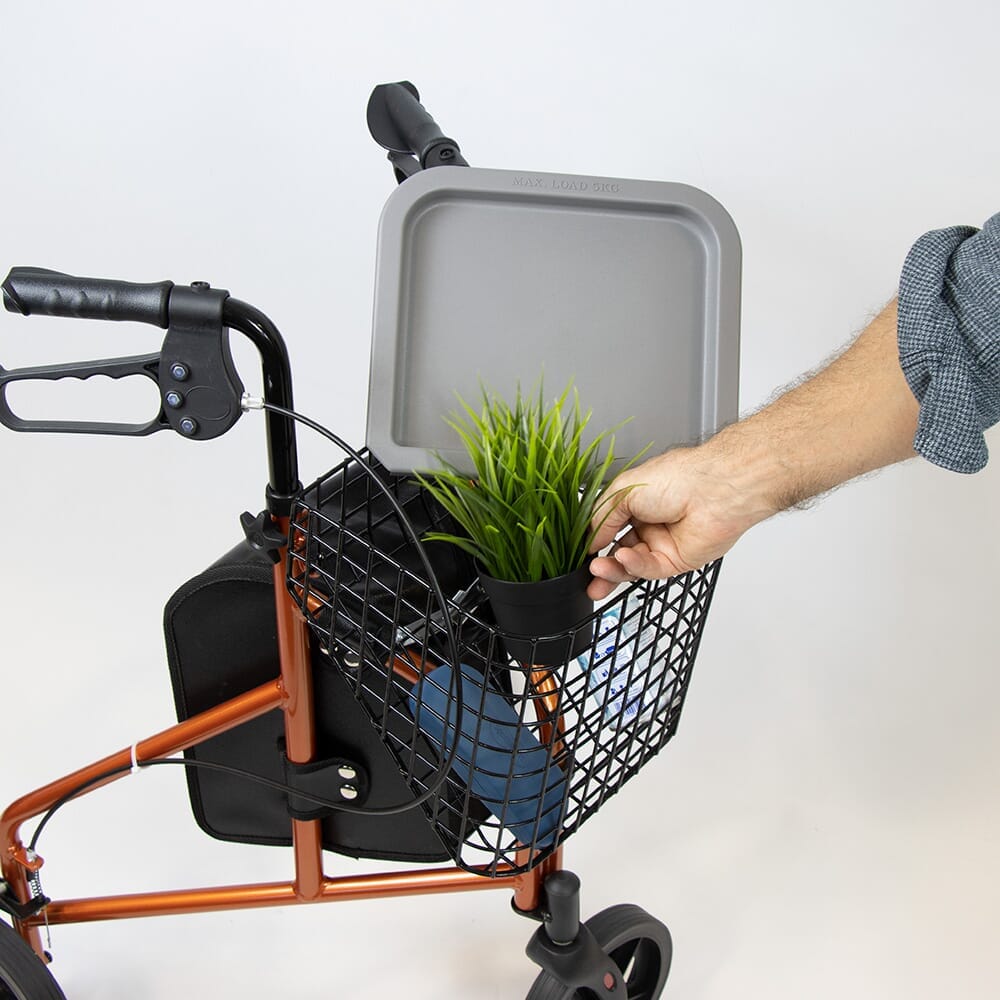 NRS 3 Wheel Aluminium Rollator with Basket Tray three-wheel rollator folded for storage, showing its compact design.