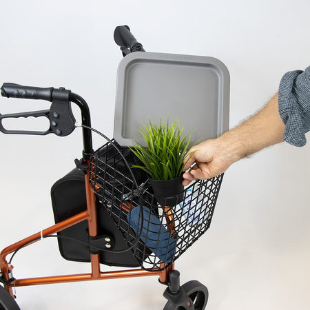 NRS 3 Wheel Aluminium Rollator with Basket Tray three-wheel rollator folded for storage, showing its compact design.