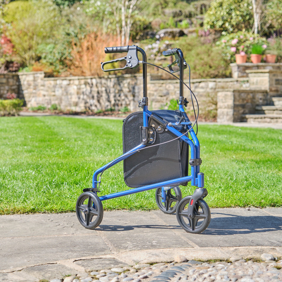Angled view of NRS 3 Wheel Steel Rollator three-wheel rollator with basket or bag on a plain background.