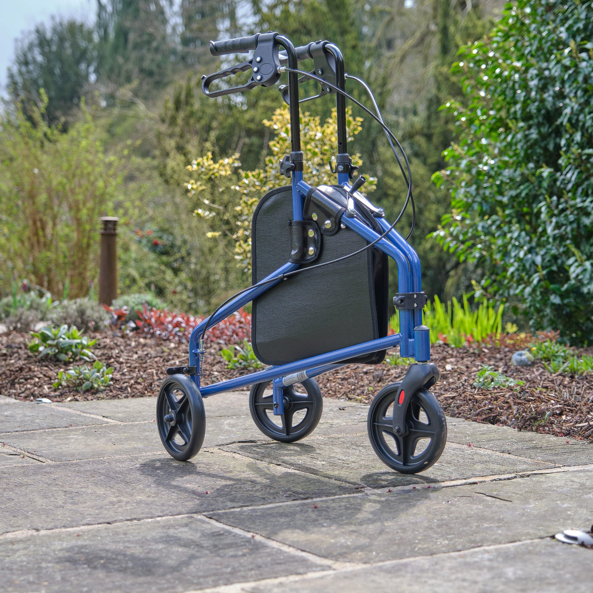 Close-up of the front wheel and fork on NRS 3 Wheel Steel Rollator rollator showing manoeuvrability.