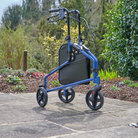 Close-up of the front wheel and fork on NRS 3 Wheel Steel Rollator rollator showing manoeuvrability.