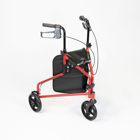 Angled view of NRS 3 Wheel Steel Rollator three-wheel rollator with basket or bag on a plain background.