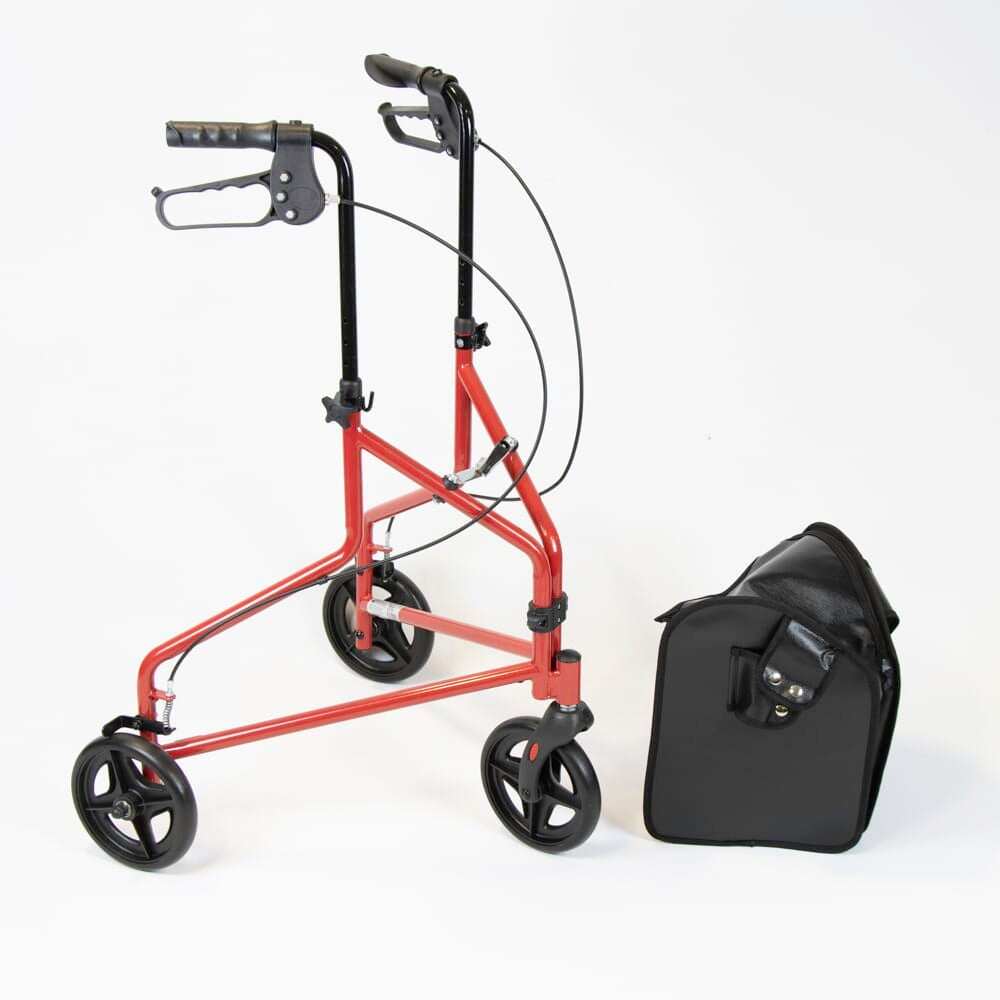 Front view of NRS 3 Wheel Steel Rollator three-wheel rollator showing handlebars, brake cables and single front wheel.