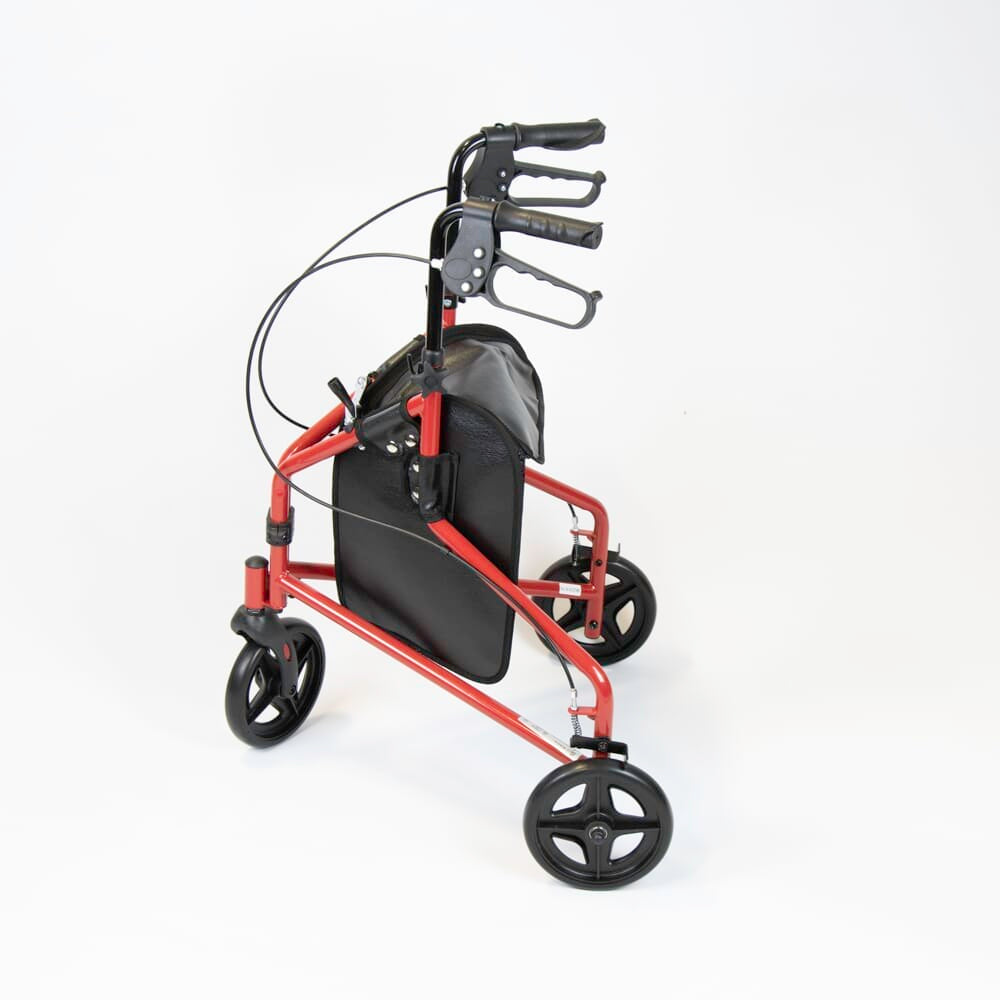 Close-up of the front wheel and fork on NRS 3 Wheel Steel Rollator rollator showing manoeuvrability.