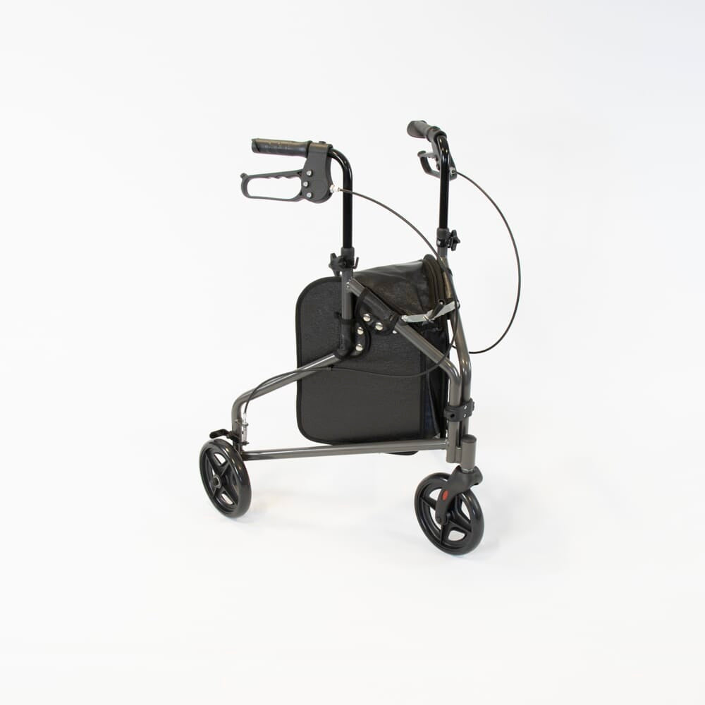 Angled view of NRS 3 Wheel Steel Rollator three-wheel rollator with basket or bag on a plain background.