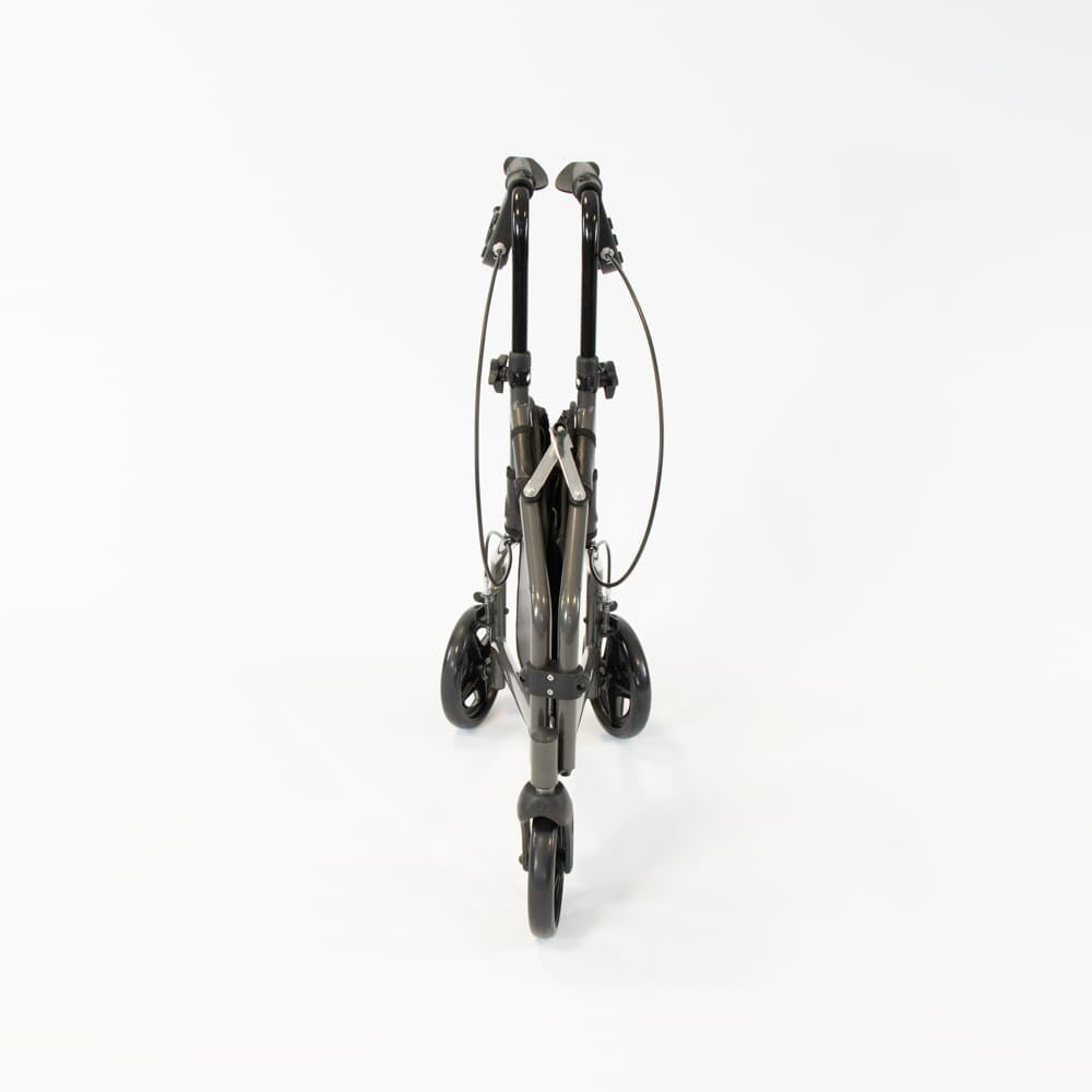 Front view of NRS 3 Wheel Steel Rollator three-wheel rollator showing handlebars, brake cables and single front wheel.