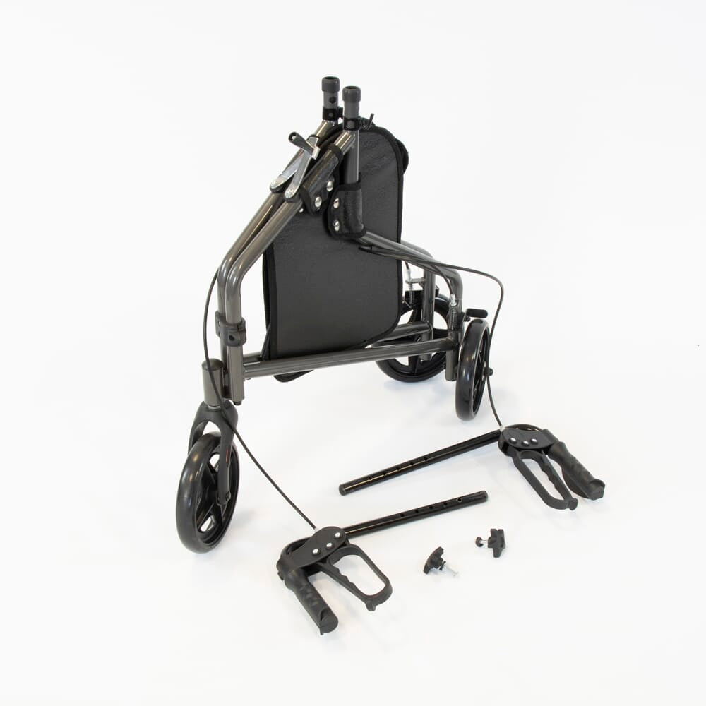 Side view of NRS 3 Wheel Steel Rollator three-wheel rollator, highlighting the triangular frame and rear wheels.