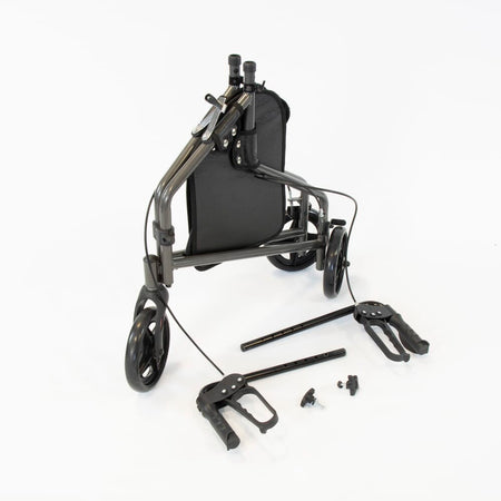Side view of NRS 3 Wheel Steel Rollator three-wheel rollator, highlighting the triangular frame and rear wheels.