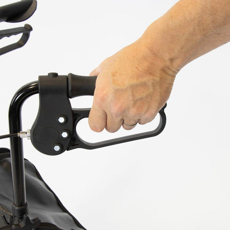 Close-up of the front wheel and fork on NRS 3 Wheel Steel Rollator rollator showing manoeuvrability.