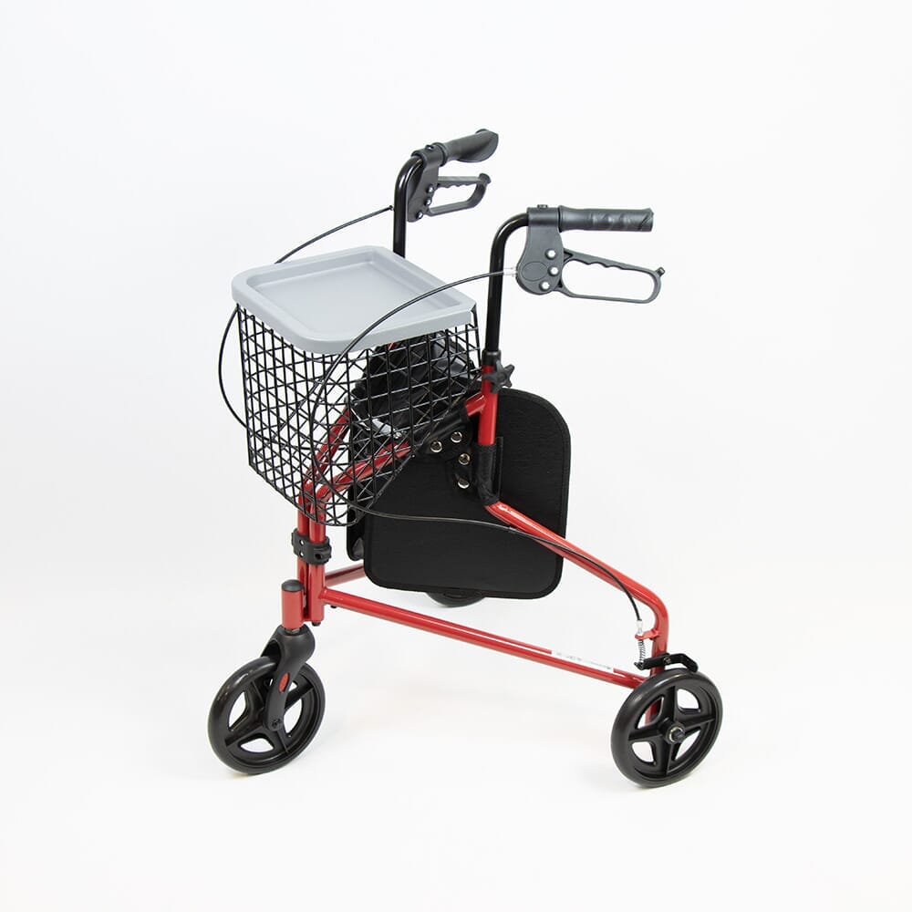 Angled view of NRS 3 Wheel Steel Rollator with Basket Tray three-wheel rollator with basket or bag on a plain background.