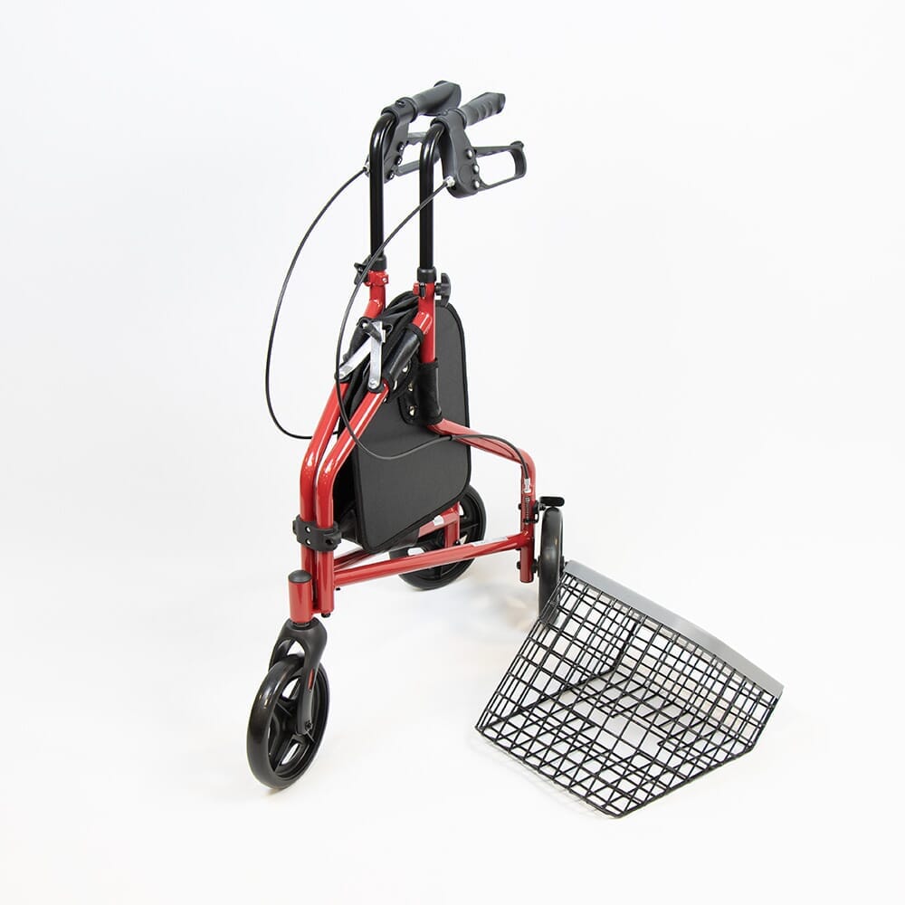 Front view of NRS 3 Wheel Steel Rollator with Basket Tray three-wheel rollator showing handlebars, brake cables and single front wheel.