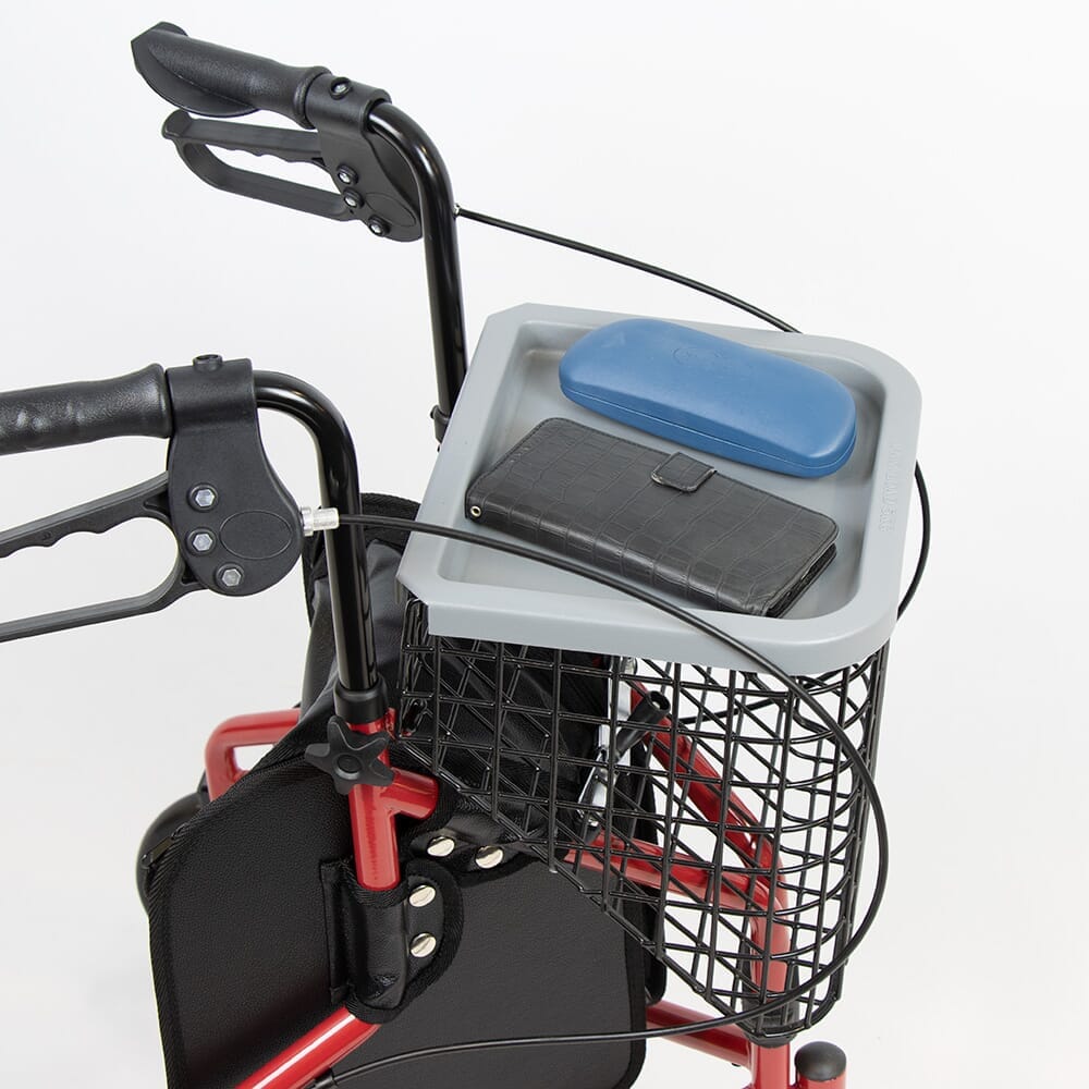 Side view of NRS 3 Wheel Steel Rollator with Basket Tray three-wheel rollator, highlighting the triangular frame and rear wheels.