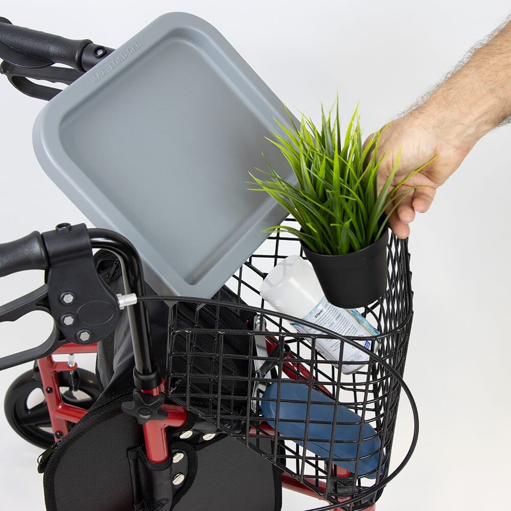 NRS 3 Wheel Steel Rollator with Basket Tray three-wheel rollator folded for storage, showing its compact design.