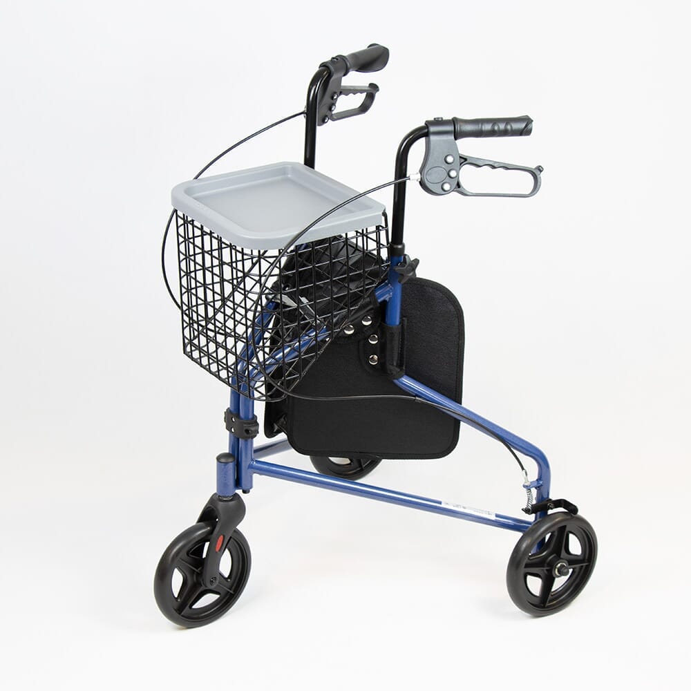 Angled view of NRS 3 Wheel Steel Rollator with Basket Tray three-wheel rollator with basket or bag on a plain background.