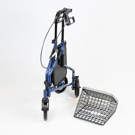Front view of NRS 3 Wheel Steel Rollator with Basket Tray three-wheel rollator showing handlebars, brake cables and single front wheel.