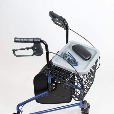 Side view of NRS 3 Wheel Steel Rollator with Basket Tray three-wheel rollator, highlighting the triangular frame and rear wheels.