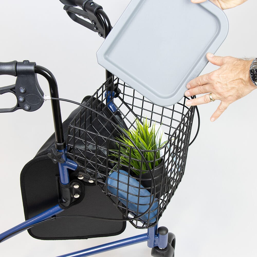 NRS 3 Wheel Steel Rollator with Basket Tray three-wheel rollator folded for storage, showing its compact design.