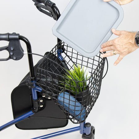 NRS 3 Wheel Steel Rollator with Basket Tray three-wheel rollator folded for storage, showing its compact design.