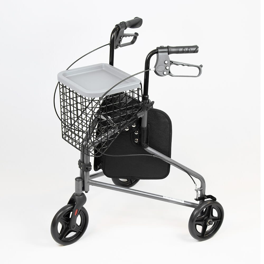 Angled view of NRS 3 Wheel Steel Rollator with Basket Tray three-wheel rollator with basket or bag on a plain background.