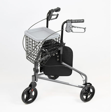 Angled view of NRS 3 Wheel Steel Rollator with Basket Tray three-wheel rollator with basket or bag on a plain background.