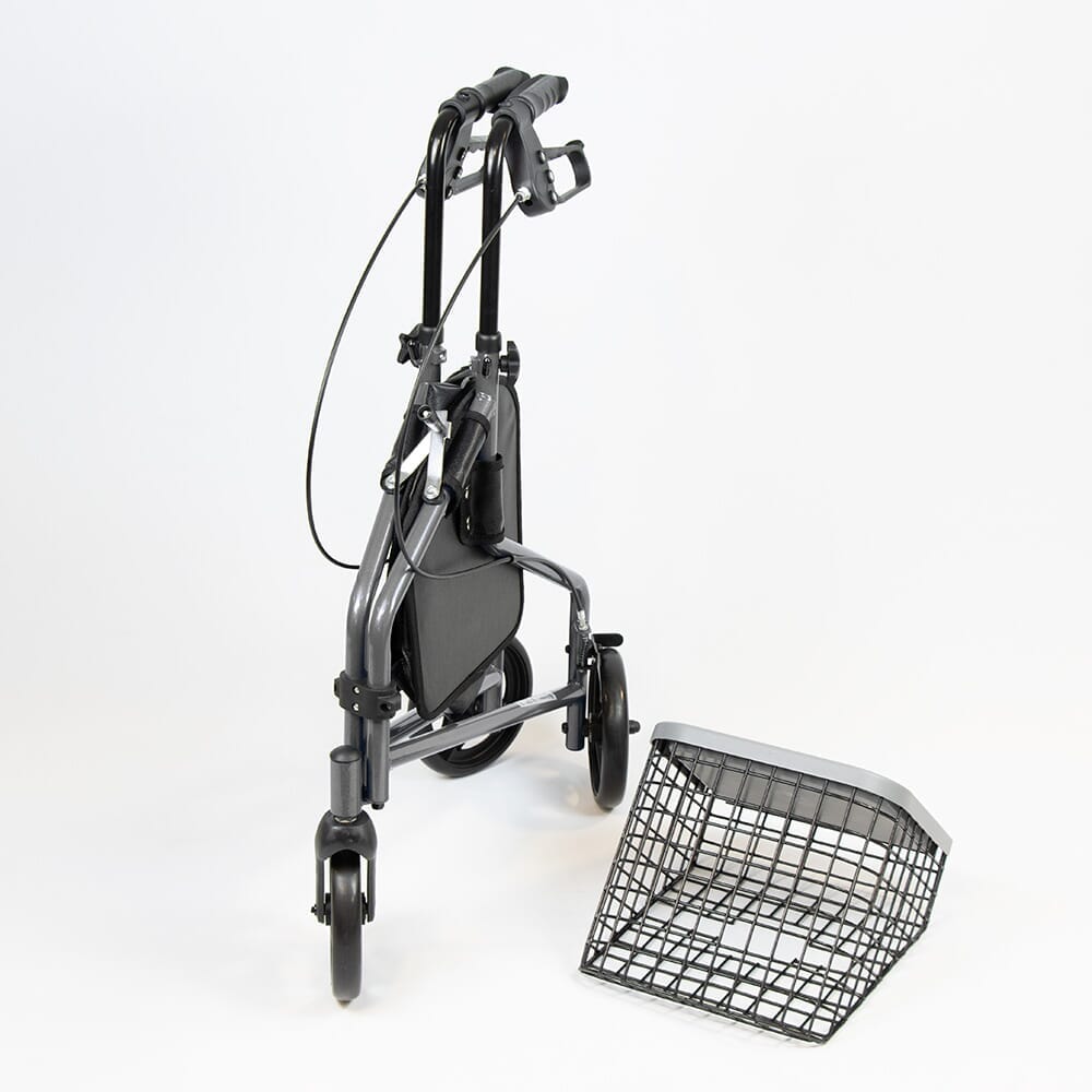 Front view of NRS 3 Wheel Steel Rollator with Basket Tray three-wheel rollator showing handlebars, brake cables and single front wheel.