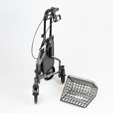 Front view of NRS 3 Wheel Steel Rollator with Basket Tray three-wheel rollator showing handlebars, brake cables and single front wheel.