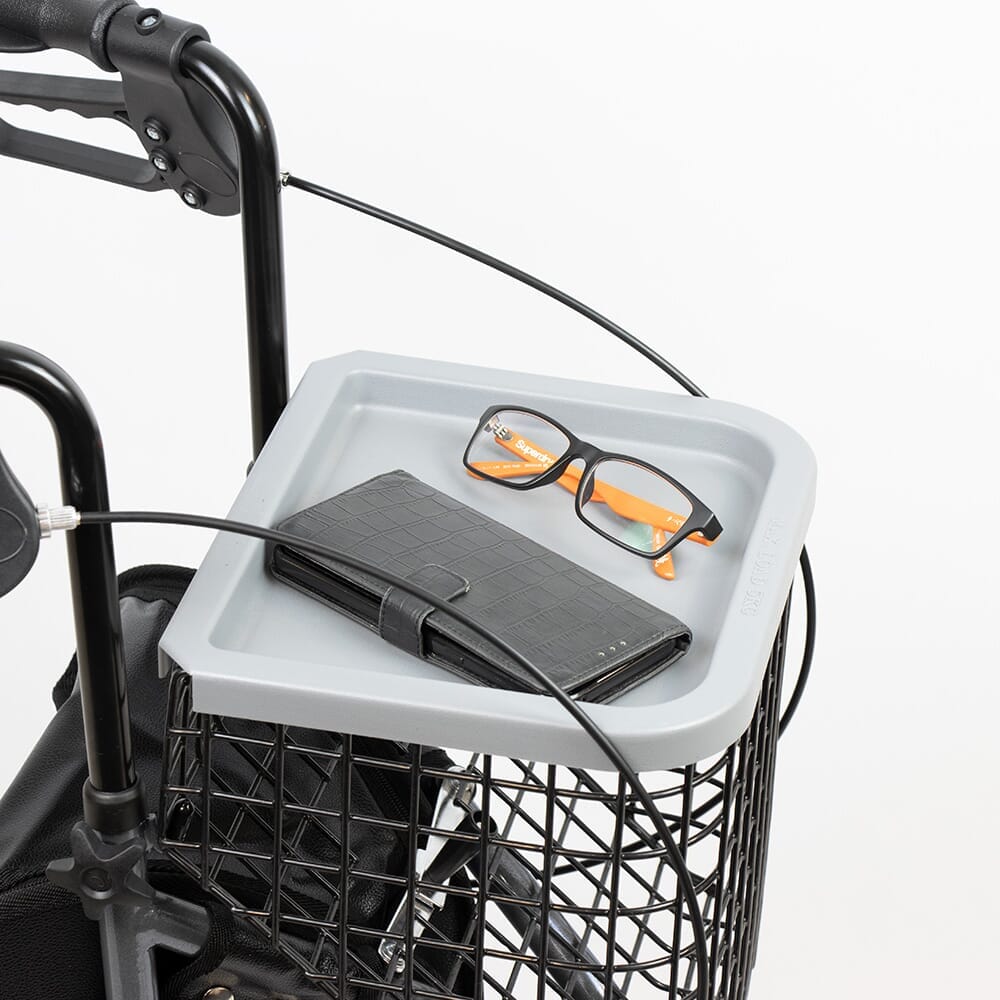 Side view of NRS 3 Wheel Steel Rollator with Basket Tray three-wheel rollator, highlighting the triangular frame and rear wheels.