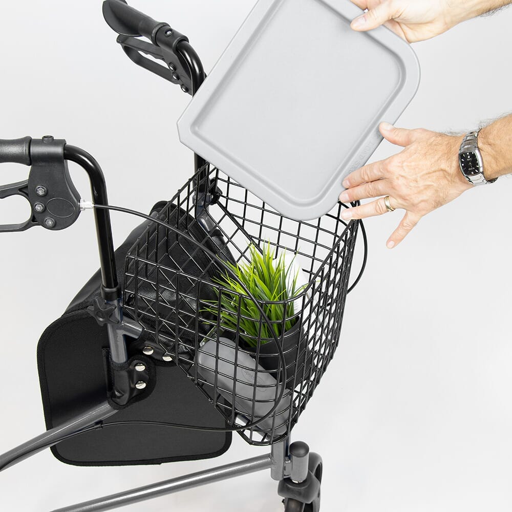 NRS 3 Wheel Steel Rollator with Basket Tray three-wheel rollator folded for storage, showing its compact design.