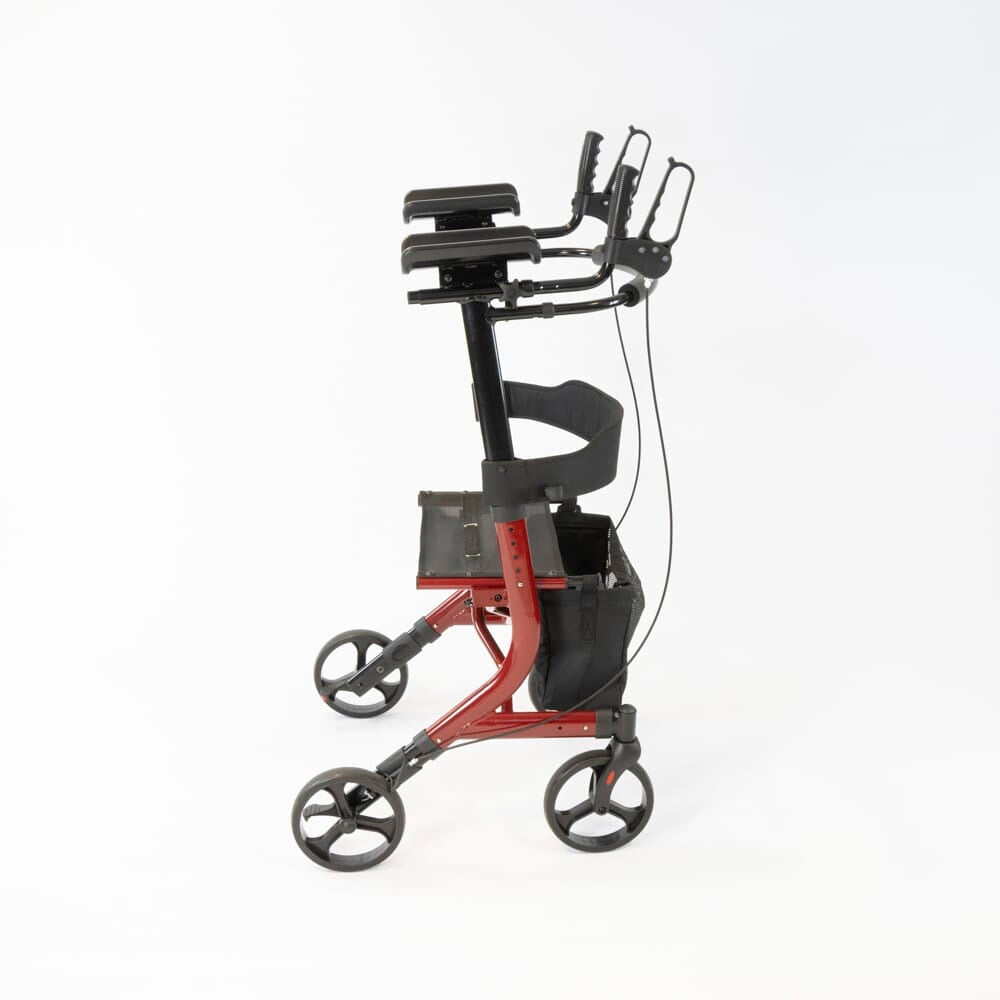 Angled view of NRS 4 Wheel Forearm Rollator rollator with seat, padded backrest, storage bag and four wheels on a plain background.