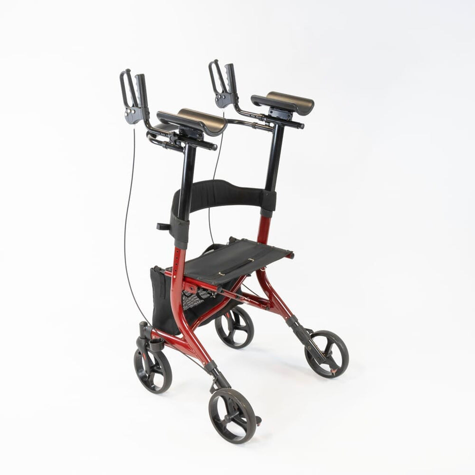 Front view of NRS 4 Wheel Forearm Rollator rollator with seat and padded backrest, showing the handlebars and brake cables.