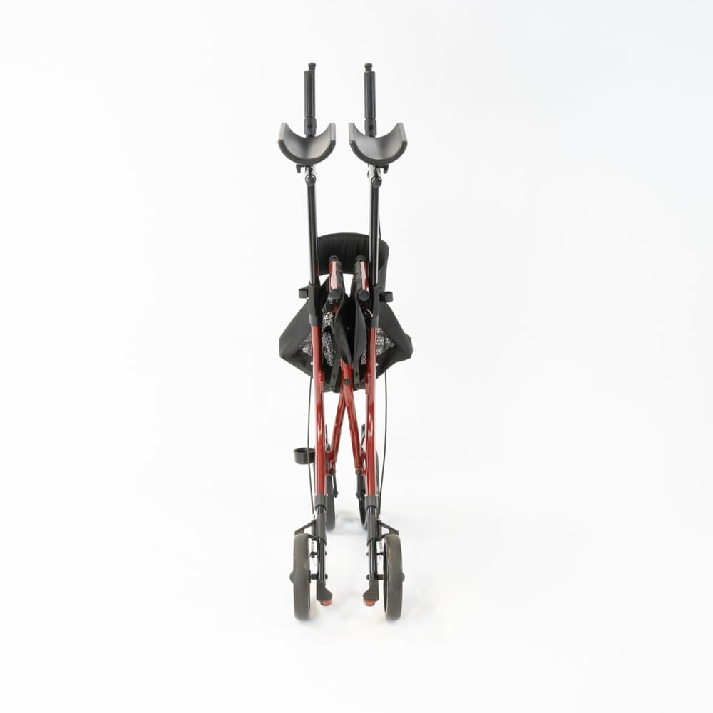 NRS 4 Wheel Forearm Rollator rollator folded from the front, demonstrating its slim, space-saving design.