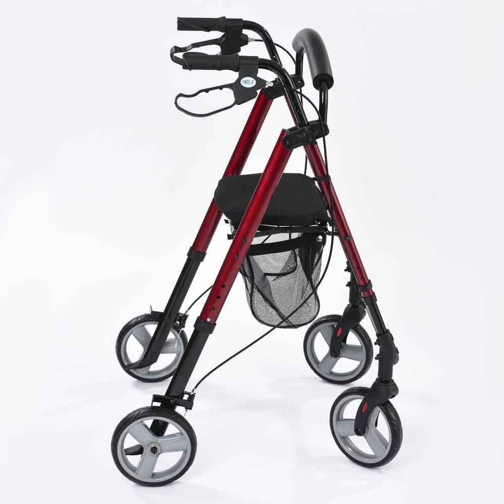 Detail of the height-adjustable frame on NRS 4 Wheel Lightweight Rollator rollator with holes and push-button.