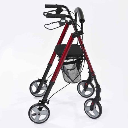 Detail of the height-adjustable frame on NRS 4 Wheel Lightweight Rollator rollator with holes and push-button.