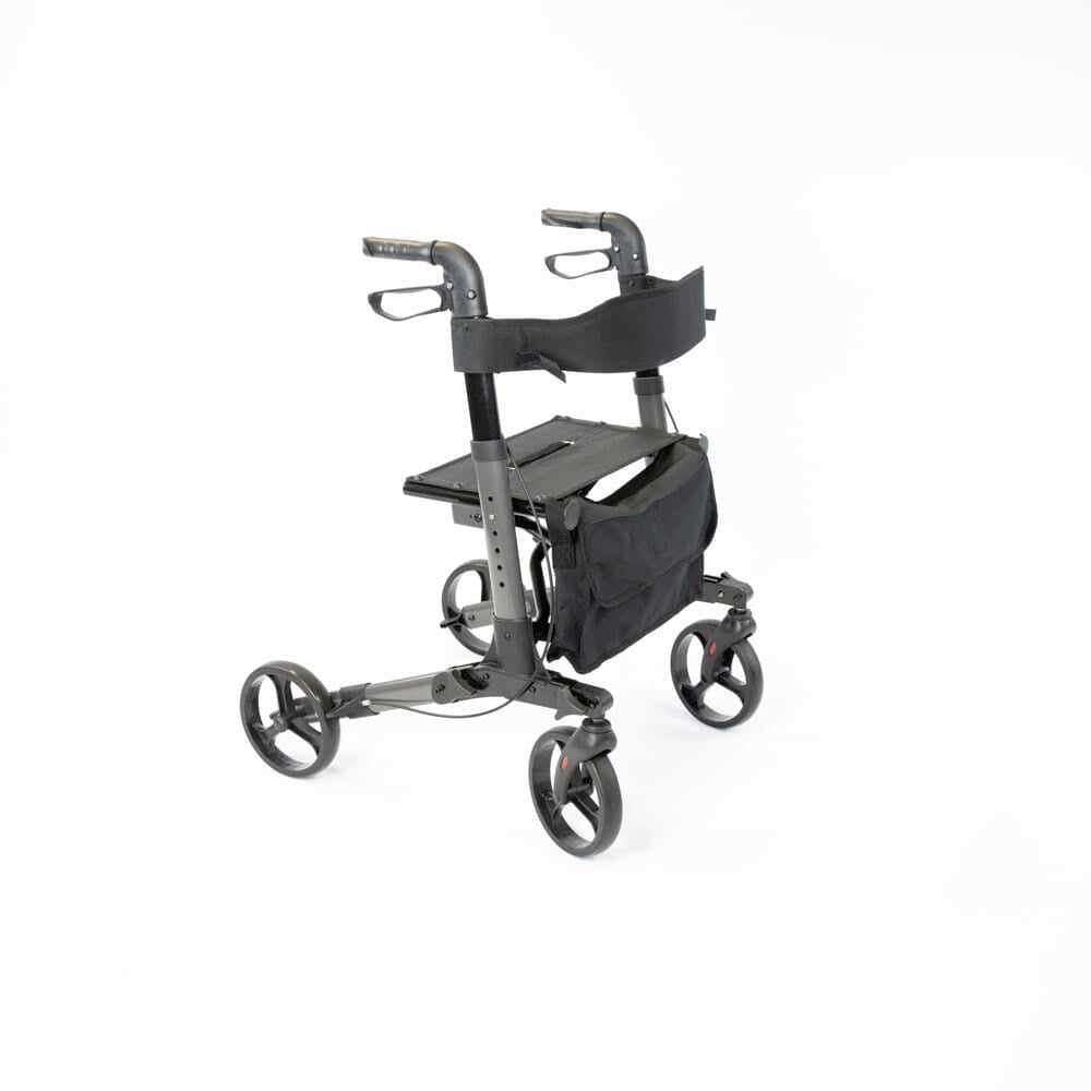 Angled view of NRS 4 Wheel Triple Fold Aluminium Rollator rollator with seat, padded backrest, storage bag and four wheels on a plain background.