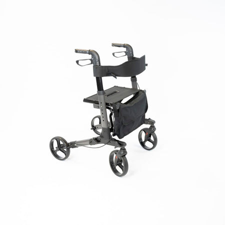 Angled view of NRS 4 Wheel Triple Fold Aluminium Rollator rollator with seat, padded backrest, storage bag and four wheels on a plain background.