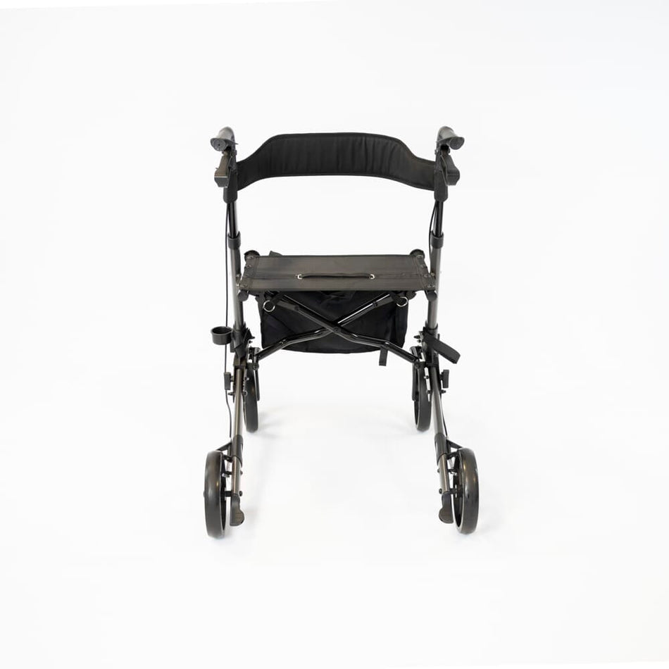 Front view of NRS 4 Wheel Triple Fold Aluminium Rollator rollator with seat and padded backrest, showing the handlebars and brake cables.