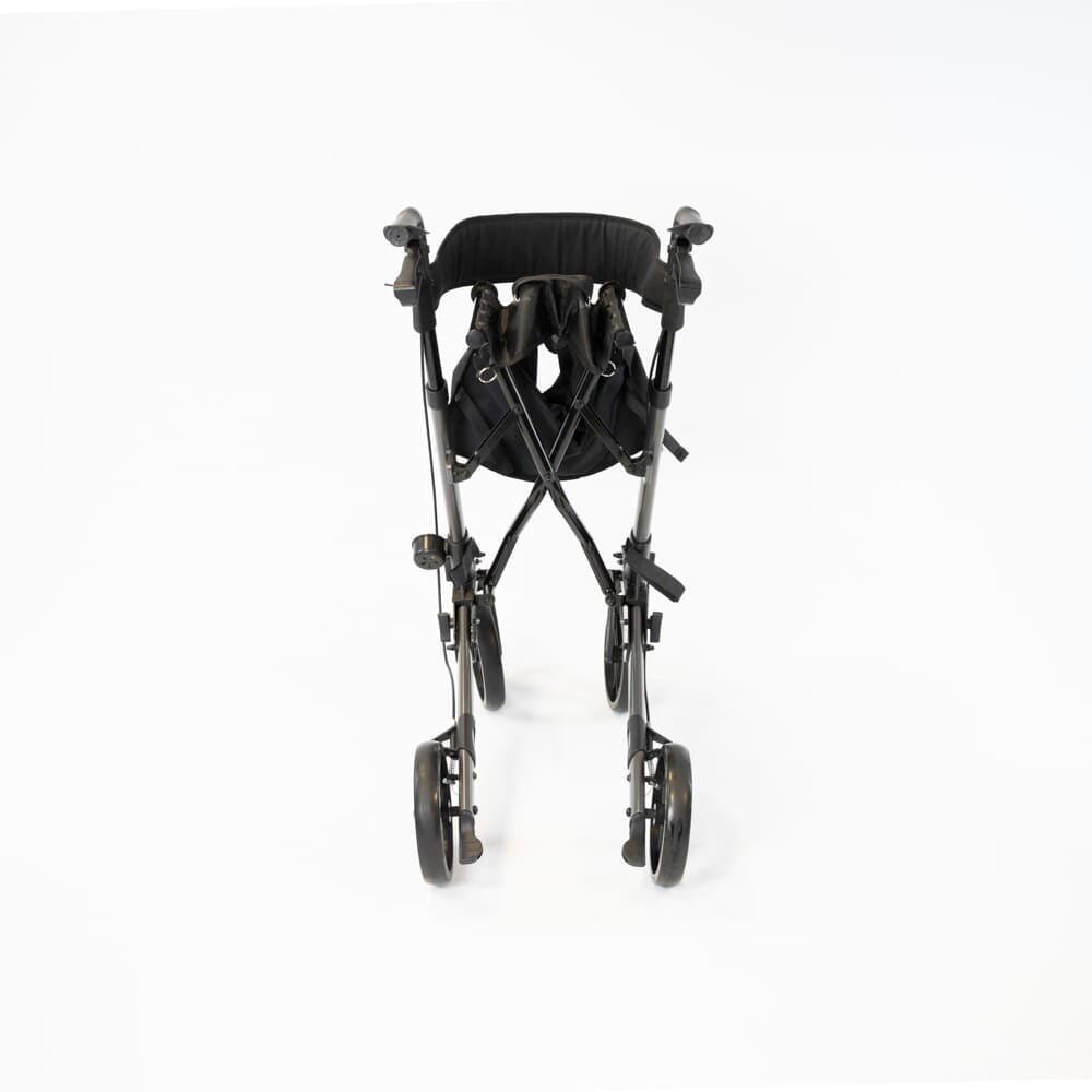 NRS 4 Wheel Triple Fold Aluminium Rollator rollator folded from the front, demonstrating its slim, space-saving design.