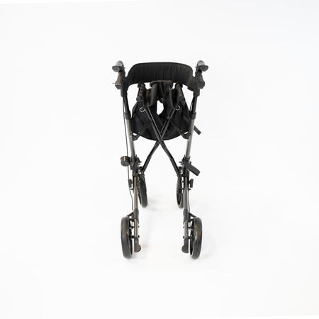 NRS 4 Wheel Triple Fold Aluminium Rollator rollator folded from the front, demonstrating its slim, space-saving design.