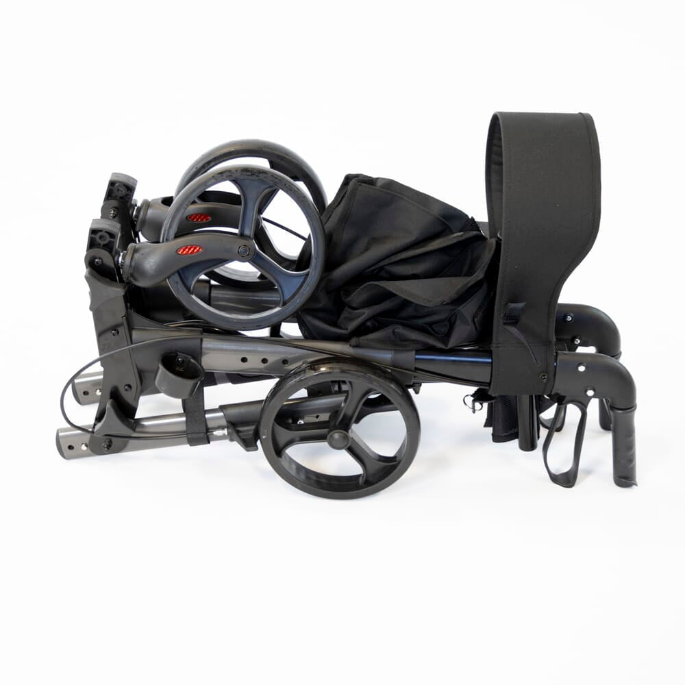 Fully folded NRS 4 Wheel Triple Fold Aluminium Rollator rollator lying flat, showing the triple-fold mechanism and compact size.