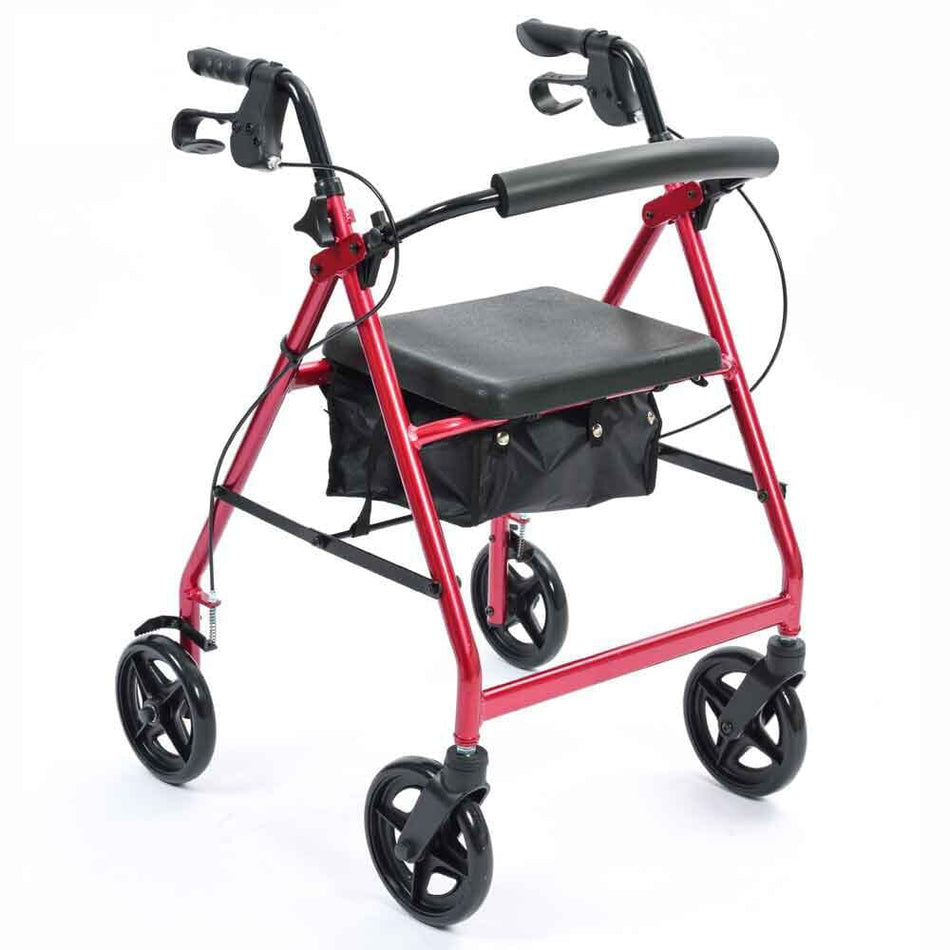 Front view of NRS A-Series Lightweight 4 Wheel Rollator rollator with seat and padded backrest, showing the handlebars and brake cables.