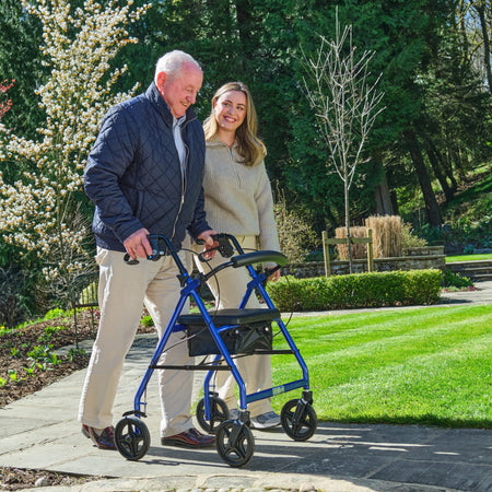 NRS A-Series Lightweight 4 Wheel Rollator rollator folded from the front, demonstrating its slim, space-saving design.