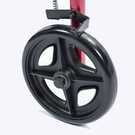 Detail of the height-adjustable frame on NRS A-Series Lightweight 4 Wheel Rollator rollator with holes and push-button.