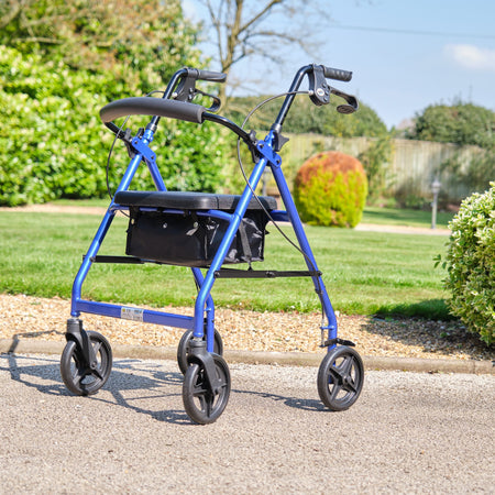 Front view of NRS A-Series Lightweight 4 Wheel Rollator rollator with seat and padded backrest, showing the handlebars and brake cables.