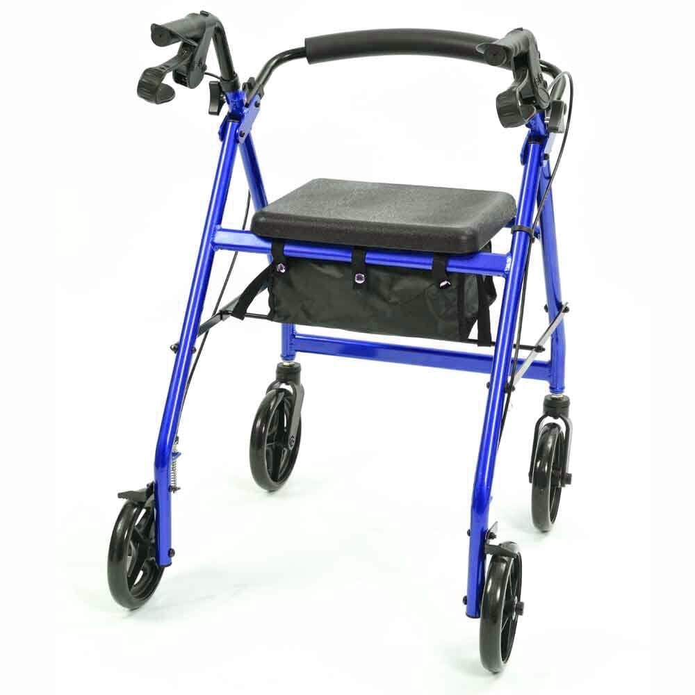 Another view of the under-seat bag being adjusted on NRS A-Series Lightweight 4 Wheel Rollator rollator.